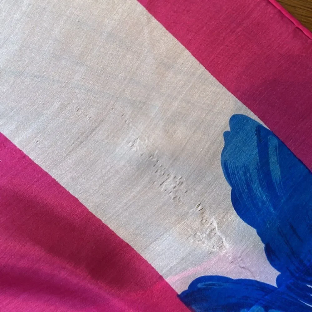 Lovely vintage bright‎ pink, white & black large scarf with blue irises